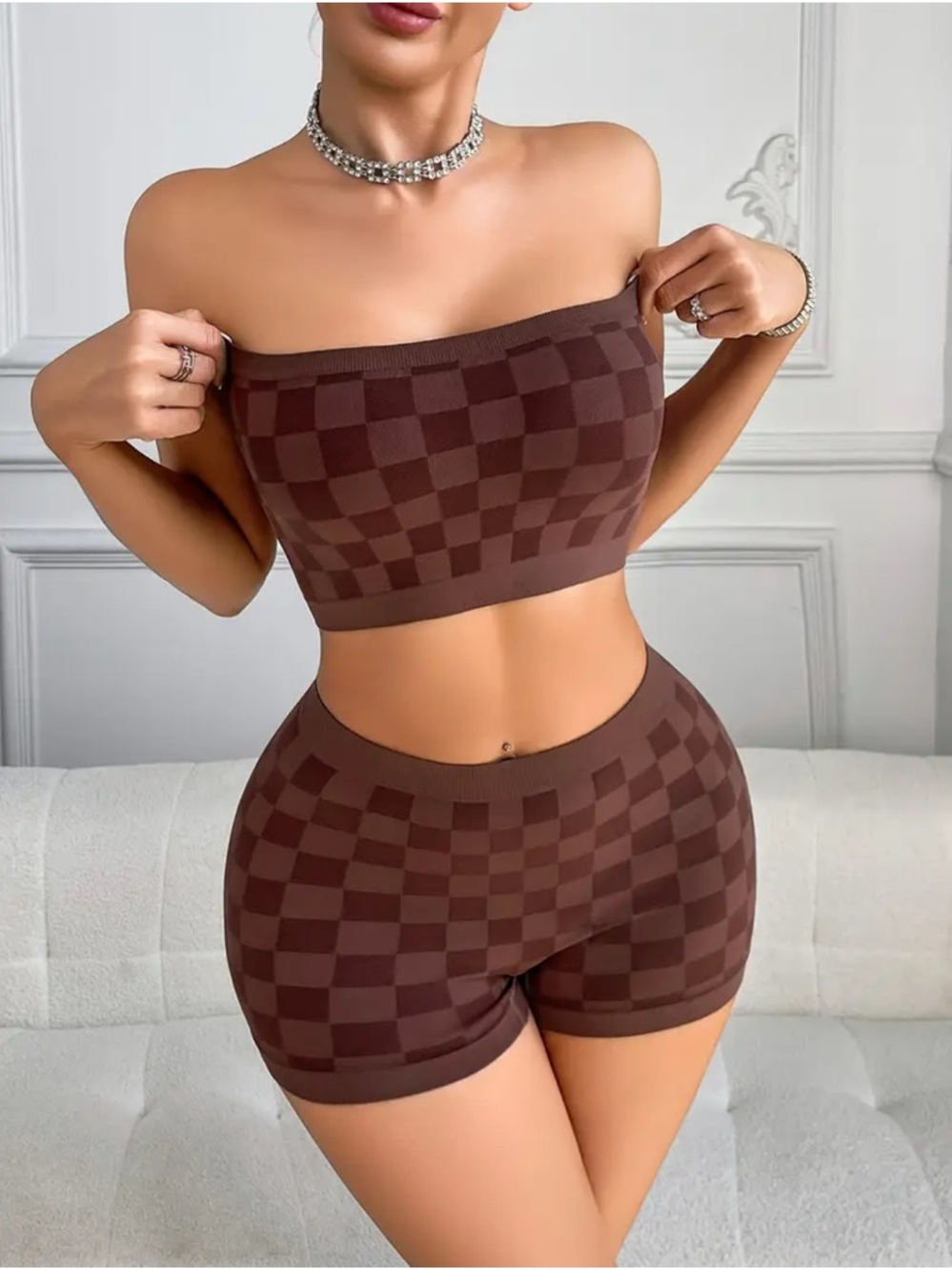 Seamless Checkerboard Strapless Crop Top in Brown